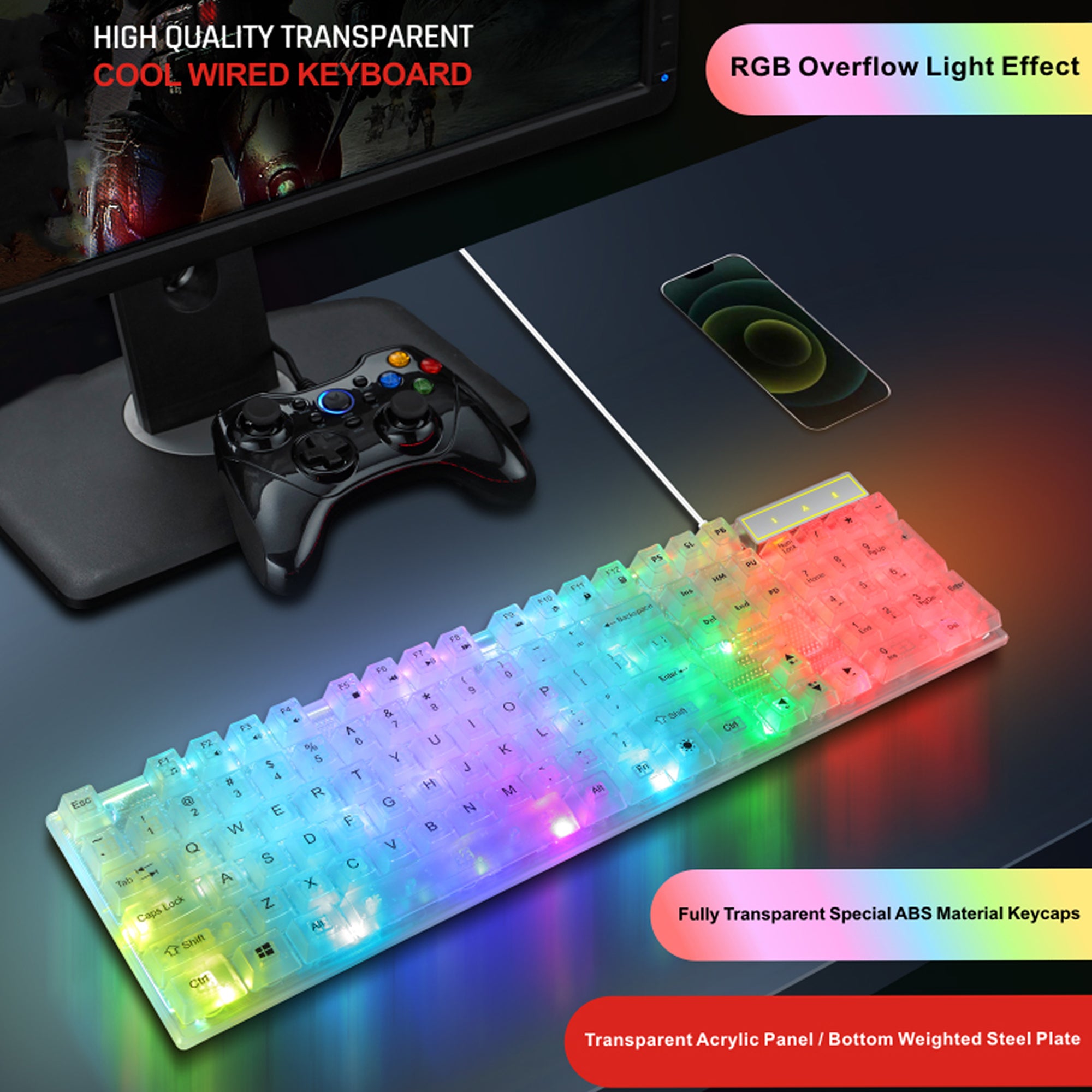 Likaty Transparent Wired Gaming Keyboard, RGB Backlit Mechanical Feel Gaming Keyboard for Windows PC Gamers Desktop Computer Laptop