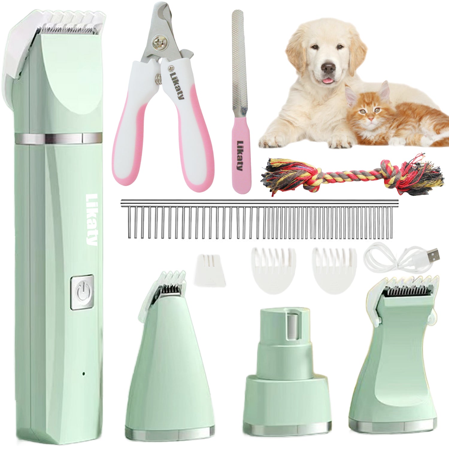 Dogs Hair Clippers Grooming Kit with Nail Grinder, Likaty 4 in 1 Cordless Electric Trimmer Low Noise USB Rechargeable Pet Clippers for Small and Large Dogs Cats Animals