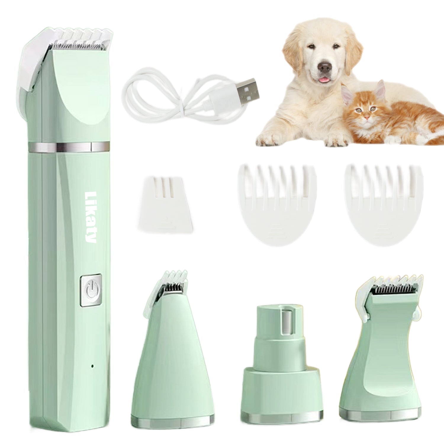 Dogs Hair Clippers Grooming Kit with Nail Grinder, Likaty 4 in 1 Cordless Electric Trimmer Low Noise USB Rechargeable Pet Clippers for Small and Large Dogs Cats Animals