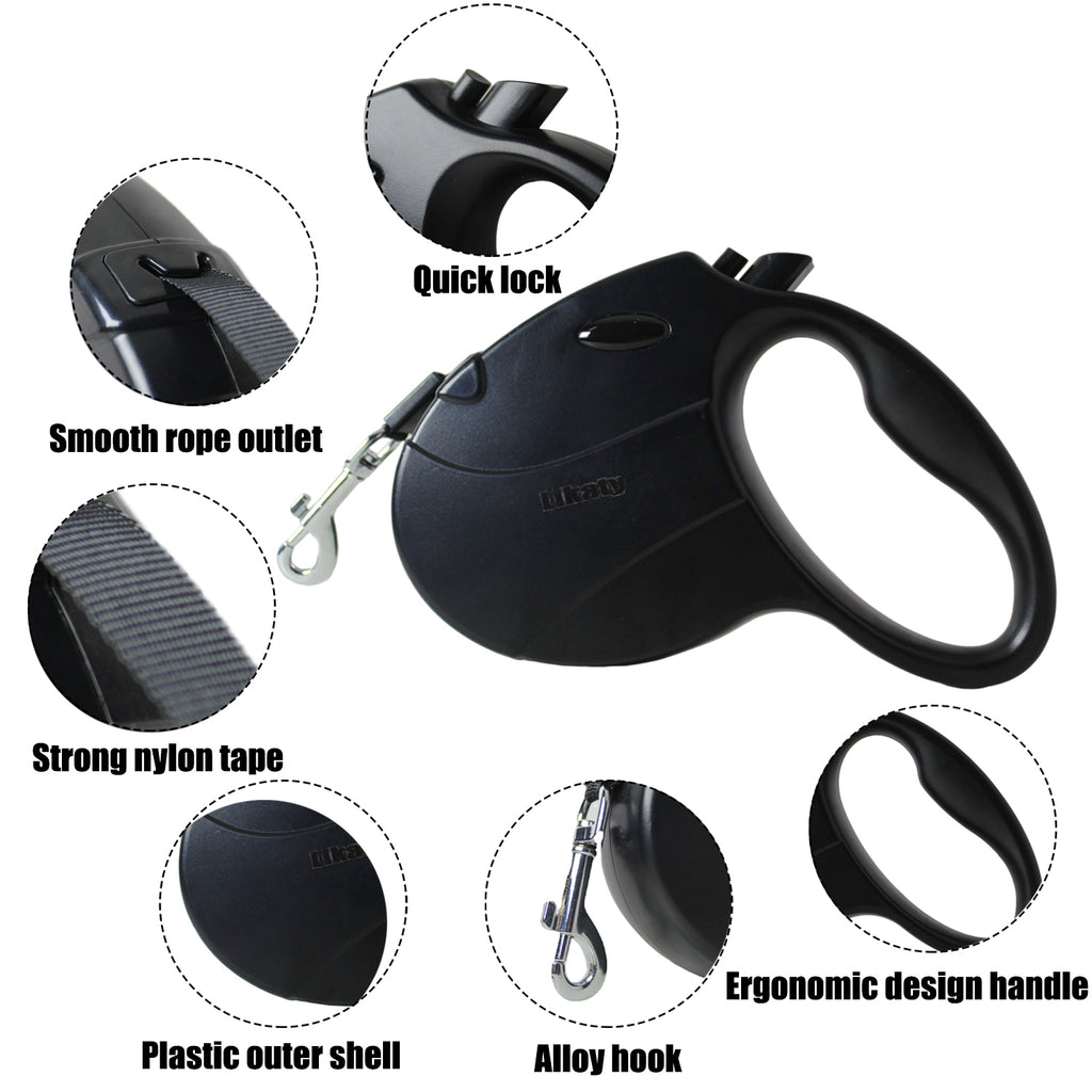 Likaty Heavy Duty Retractable Dog Leash, 16ft Durable Flex Rope with Non-Slip Grip for Dogs up to 77 lbs, Black