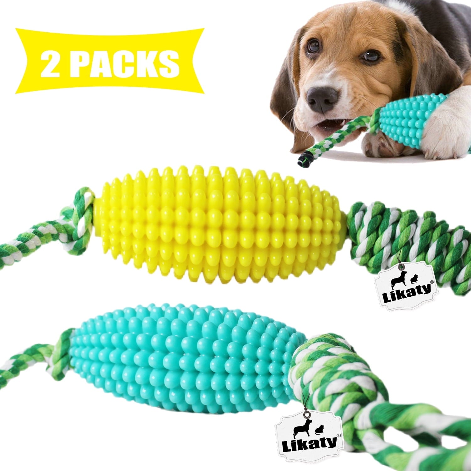 Dog Chew Toys for Aggressive Chewers, Likaty Indestructible Rope Dog Toy Puppy Chew Teething Toys for Large Medium Small Dogs, Yellow & Blue