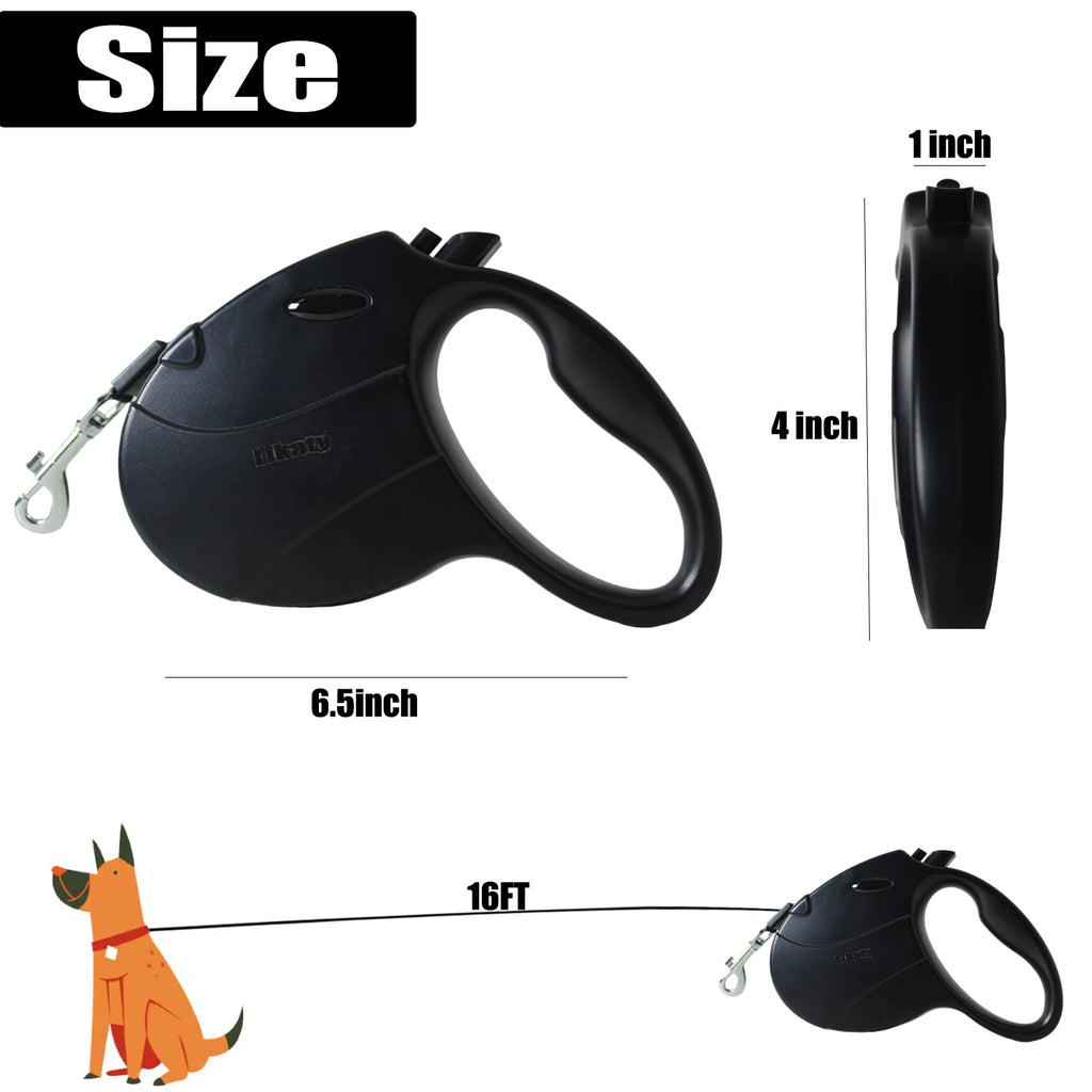 Likaty Heavy Duty Retractable Dog Leash, 16ft Durable Flex Rope with Non-Slip Grip for Dogs up to 77 lbs, Black