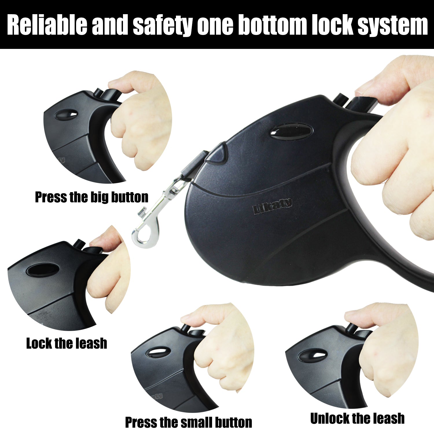 Likaty Heavy Duty Retractable Dog Leash, 16ft Durable Flex Rope with Non-Slip Grip for Dogs up to 77 lbs, Black